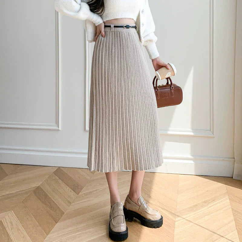 Women’s Midi Skirt – Wool Blend – Pleated Slim Fit – A-Line with Belt Detail