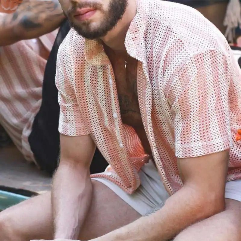 Men’s Mesh Shirt – Relaxed Fit – Button-Up – Short Sleeve – Breathable Grid Design
