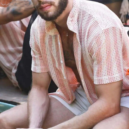 Men’s Mesh Shirt – Relaxed Fit – Button-Up – Short Sleeve – Breathable Grid Design