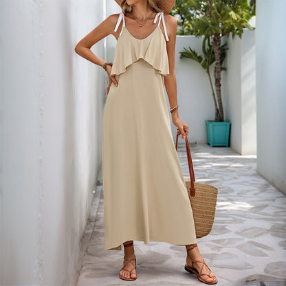 Women’s Sleeveless Dress – Tie Strap – Ruffle Bust – Loose Fit – Full Length Casual Wear