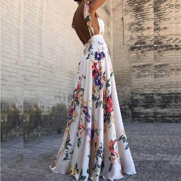 Women’s Maxi Dress – Floral Print – Scoop Neck – Sleeveless – Open Back – Flowy Fit