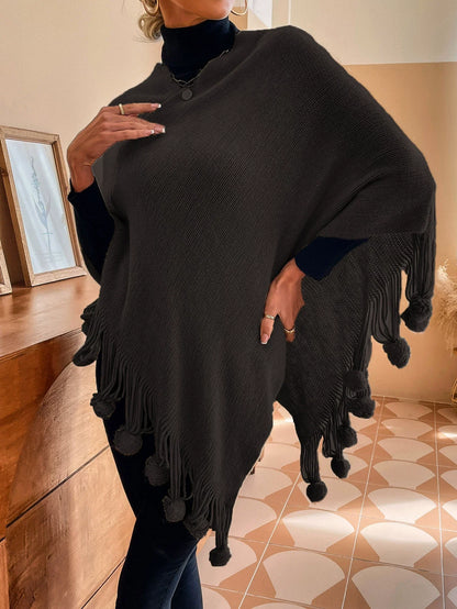 Women’s Shawl Sweater Cape – Knitted Cotton Blend – Relaxed Fit – Tassel Fringe Pom-Poms