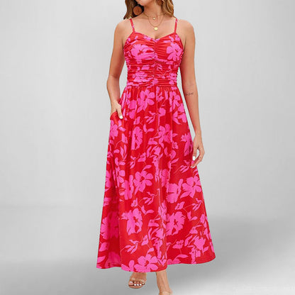Women’s Sundress – A-Line Midi – Spaghetti Straps – Floral Print – Pockets – Cotton Blend