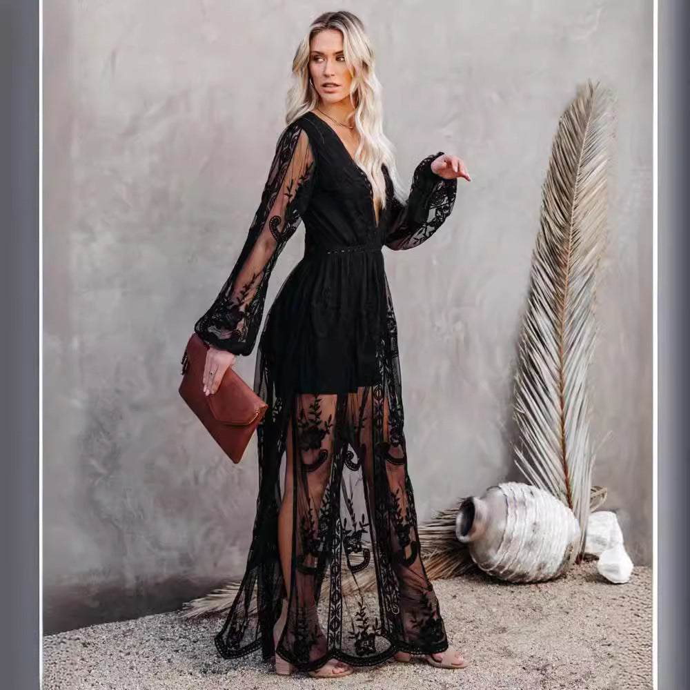 Women’s Long Dress – Lace Chiffon – V-Neck – Sheer Sleeves – High Slit – Formal Wear