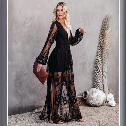 Women’s Long Dress – Lace Chiffon – V-Neck – Sheer Sleeves – High Slit – Formal Wear