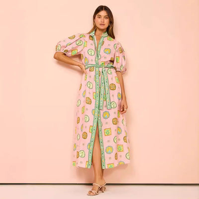 Women’s Midi Dress – Relaxed Fit – Lantern Sleeve – Button Down – Graffiti Print – Belted