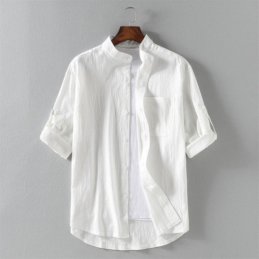 Men’s Short Sleeve Shirt – Linen Blend – Relaxed Fit – Mandarin Collar Casual Wear