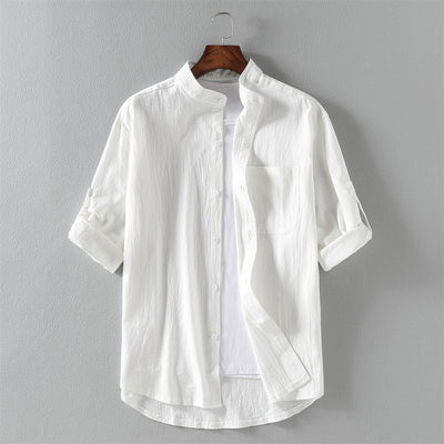 Men’s Short Sleeve Shirt – Linen Blend – Relaxed Fit – Mandarin Collar Casual Wear