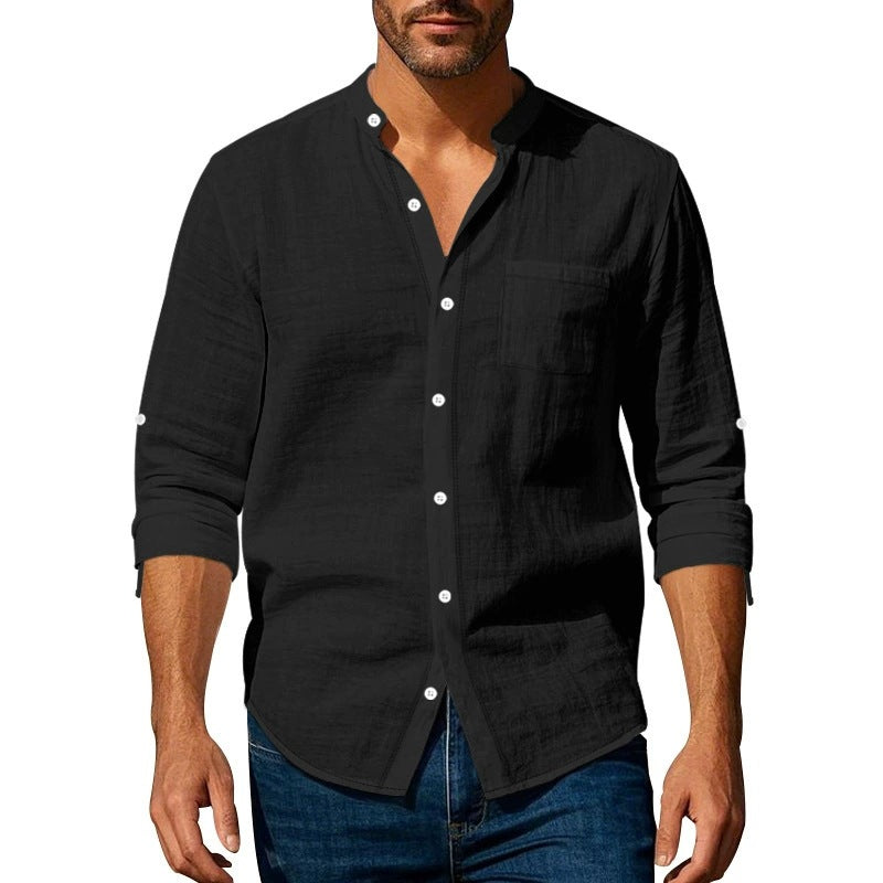 Men’s Long Sleeve Shirt – Relaxed Fit – Linen – Band Collar – Button Tab Sleeves