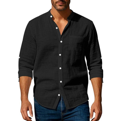 Men’s Long Sleeve Shirt – Relaxed Fit – Linen – Band Collar – Button Tab Sleeves