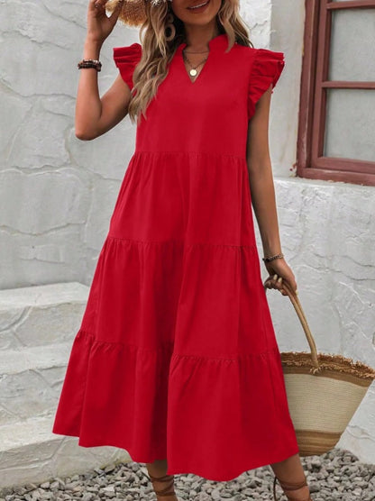 Women’s Midi Dress – V-Neck – Tiered Ruffle – Relaxed Fit – Short Sleeve
