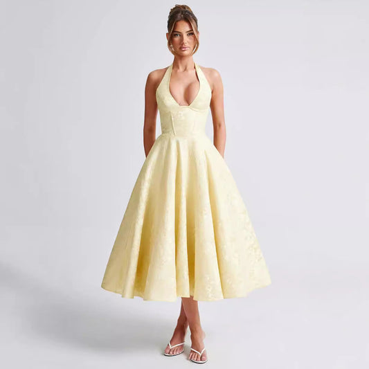 Women’s Maxi Dress – Jacquard Fabric – Halter Neck – V-Neck – Tie Waist – Flared Skirt