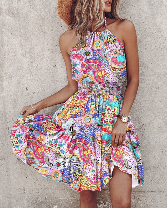 Women’s Halter Neck Midi Dress – Flowy Fit – Cotton Blend – Elastic Waist – Printed