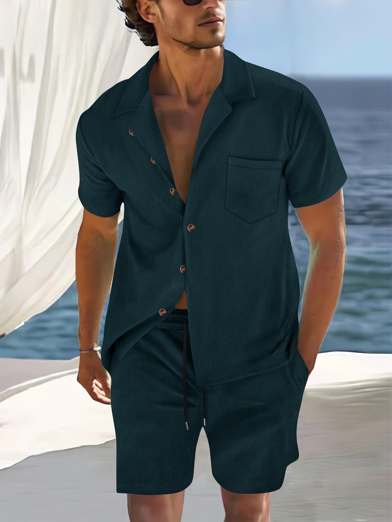 Men's Shirt and Shorts Set – Relaxed Fit – Lapel Collar – Cotton Blend – Button Front