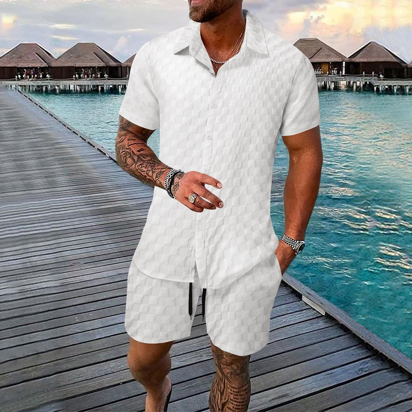Men’s Two-Piece Set – Jacquard Shirt and Shorts – Relaxed Fit – Short Sleeve Lapel