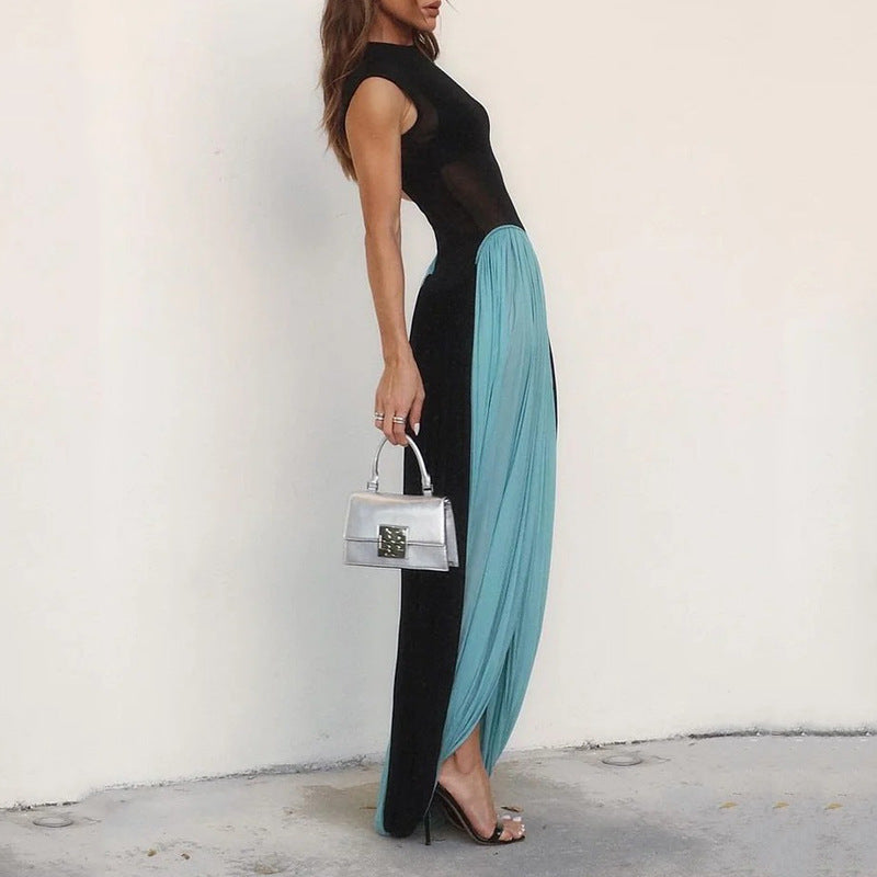 Women’s Sleeveless Dress – Fit and Flare – Sheer Bodice – Full-Length Formal Gown