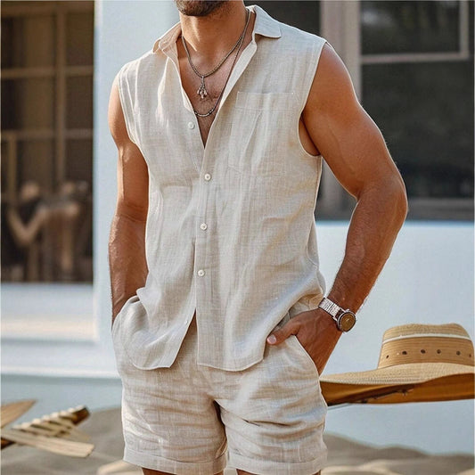 Men’s Shirt and Shorts Set – Cotton Linen – Relaxed Fit – Button-Up Casual Wear