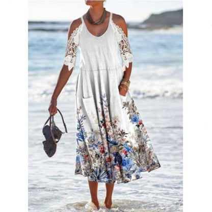 Women’s Maxi Dress – Flowing Fit – Cold Shoulder – Lace Sleeves – Floral Hem – Breathable Fabric