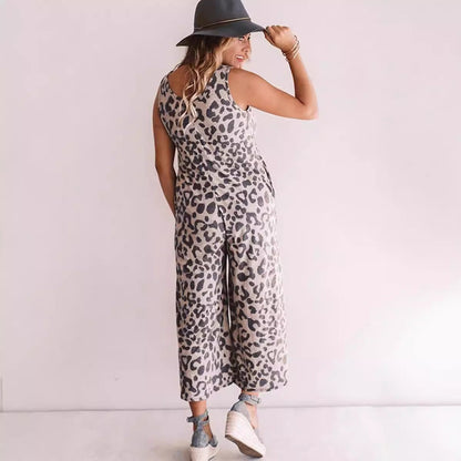 Women’s Jumpsuit – Sleeveless V-Neck – Loose Fit – Cropped Wide Leg – Leopard Print