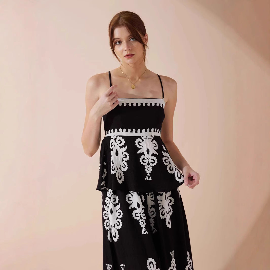 Women’s Top and Skirt Set – Peplum Fit – Ethnic Print – Lightweight Cotton – Midi Skirt