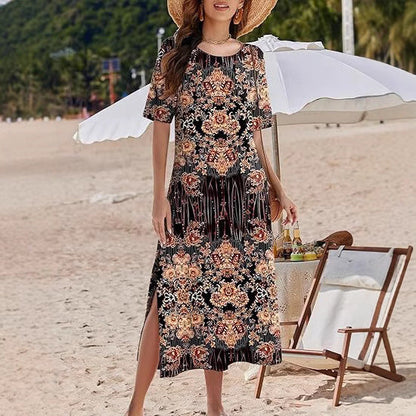 Women’s Maxi Dress – Relaxed Fit – Floral Print – Side Slits – Breathable Blend
