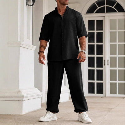 Men’s Casual Set – Cotton Linen Blend – Relaxed Fit – Short Sleeve Shirt & Trousers