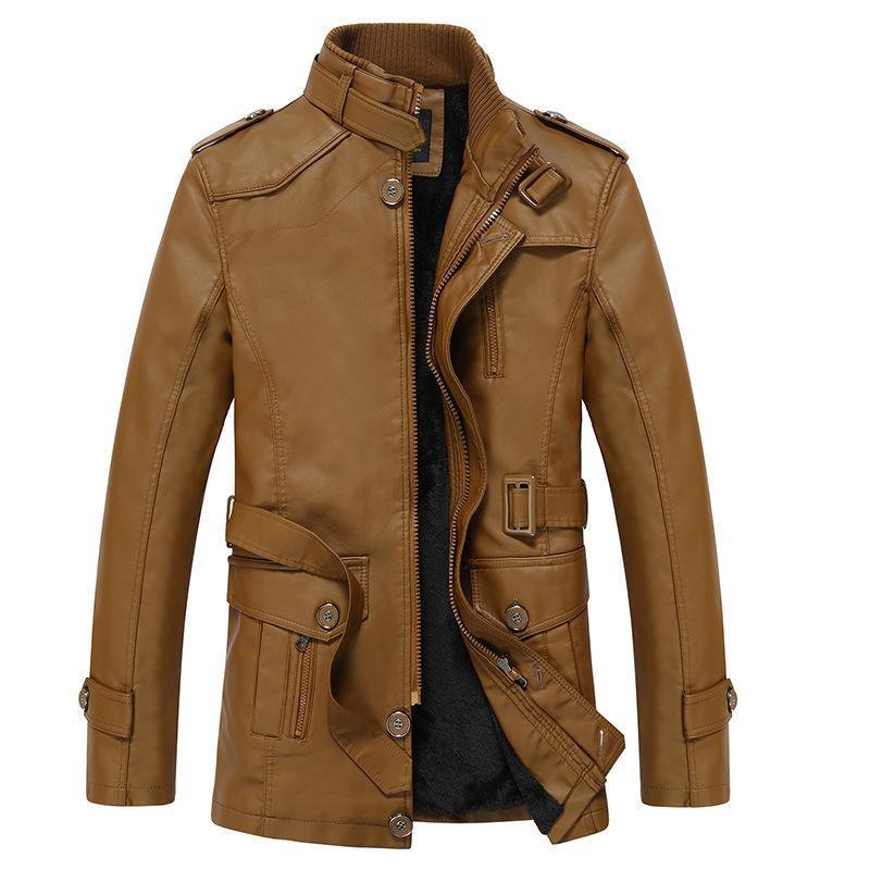 Men's Faux Leather Jacket - Biker Style - High Collar - Zip Closure - Multiple Pockets