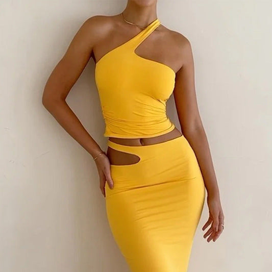 Women’s One Shoulder Top and Midi Skirt Set – Slim Fit – Cut-Out Waist – Ruched Detail