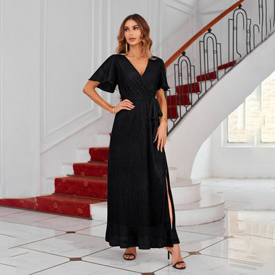 Women’s Maxi Dress – Wrap Style – Tie Waist – Flutter Sleeve – V-Neck Side Slit