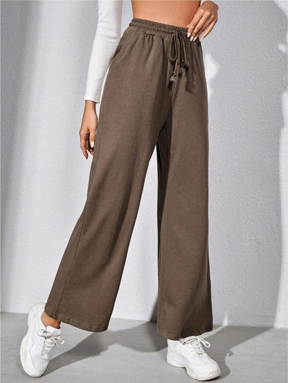 Women’s Wide-Leg Pants – Cotton Knit – Relaxed Fit – Elastic Drawstring Waist – Full Length