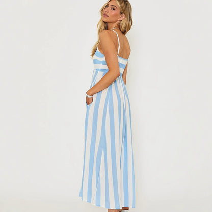 Women’s Long Dress – A-Line Fit – Square Neck – Vertical Stripe – Cotton Fabric