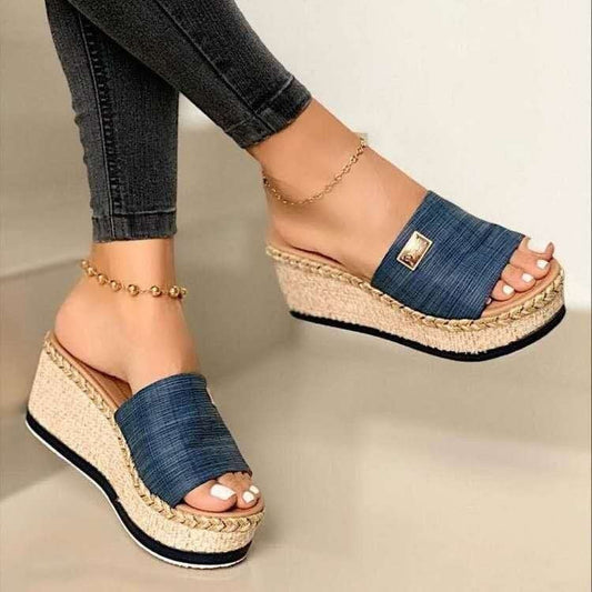 Women’s Wedge Sandals – Slip-On – Open Toe – Fabric Upper – Woven Heel – Casual Fit