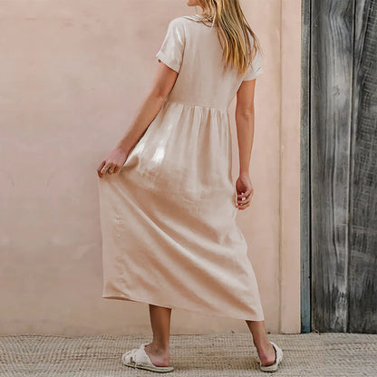 Women’s Casual Dress – V-Neck – Button Front – Loose Fit – Cotton-Linen Blend – Midi Length