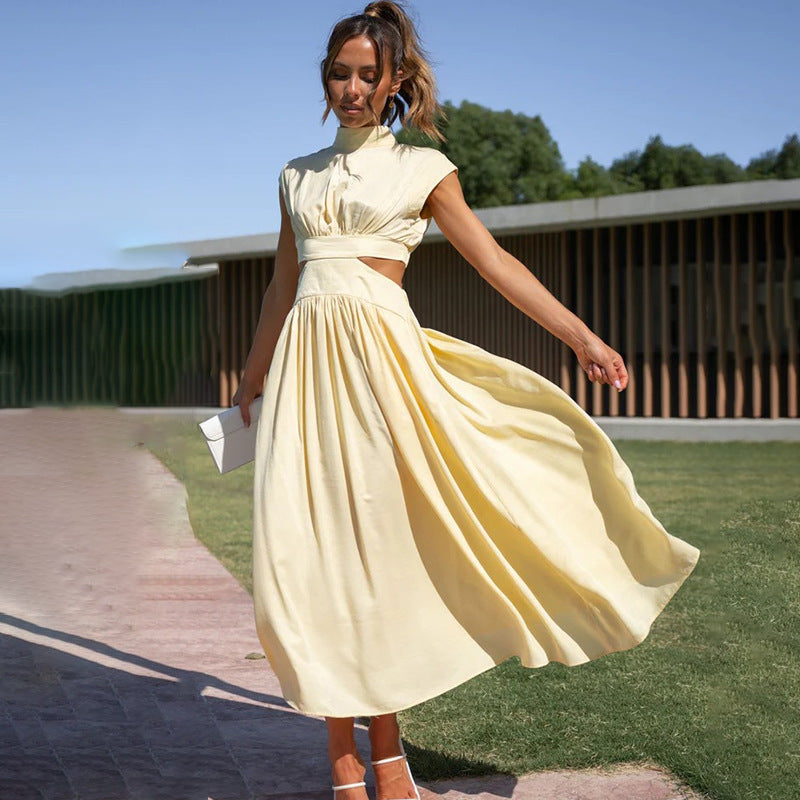 Women’s Midi Dress – Fitted Silhouette – Pleated Bodice – Waist Cut-Out – Cap Sleeves