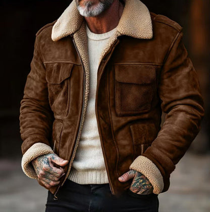 Men’s Shearling Jacket – Suede-Like Outer – Structured Fit – Zip Front – Flap Pockets