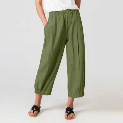 Women’s Harem Pants – Cotton Linen Blend – High Waist – Cropped Relaxed Fit – Side Pockets