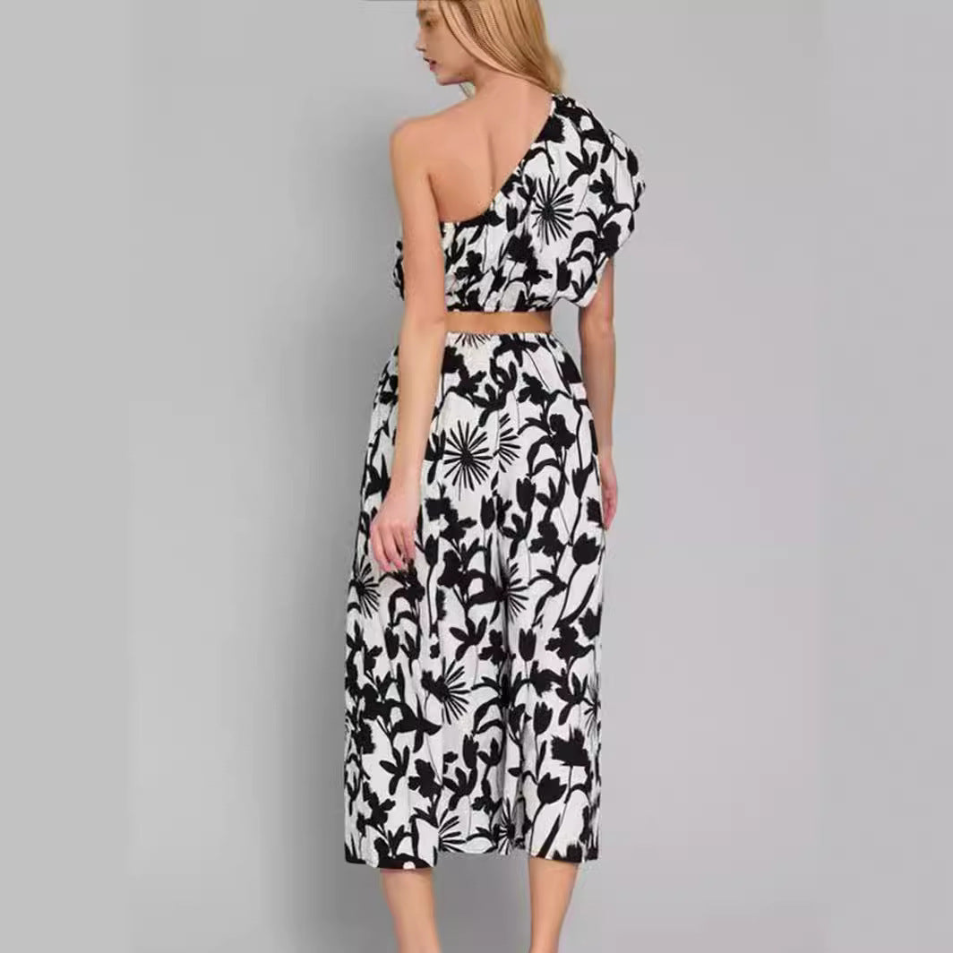 Women’s Jumpsuit – One Shoulder – Waist Cut-Out – Wide Leg – Floral Cotton Blend