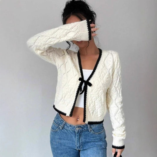 Women’s Cropped Cardigan – Knitted Fabric – Bow Tie Front – Contrast Trim – Casual Fit