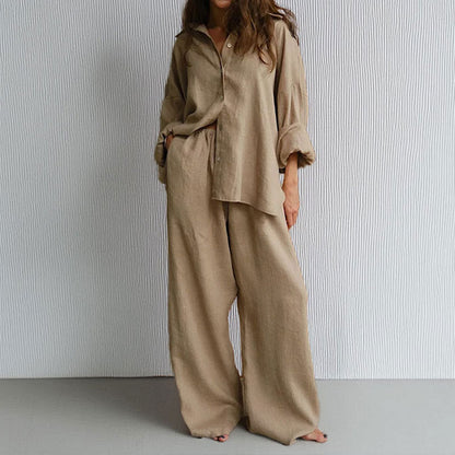 Women’s Two-Piece Set – Linen Blend – Oversized Fit – Button-Down Shirt & Wide-Leg Trousers