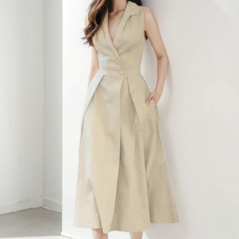Women’s Midi Dress – Tailored Fit – V-Neck Button Front – Flared Skirt – Sleeveless