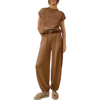 Women’s Knit Sweater Set – Short Sleeve Cropped Top – High Waist Wide Leg Trousers