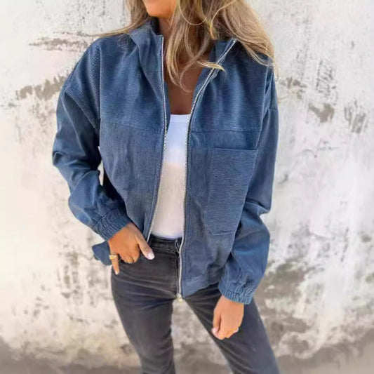 Women’s Hooded Jacket – Relaxed Fit – Ribbed Texture – Zip Front – Casual Style