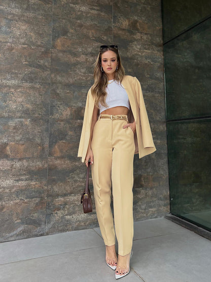 Women's Chic Beige Suit - Tailored Blazer & Pants Set