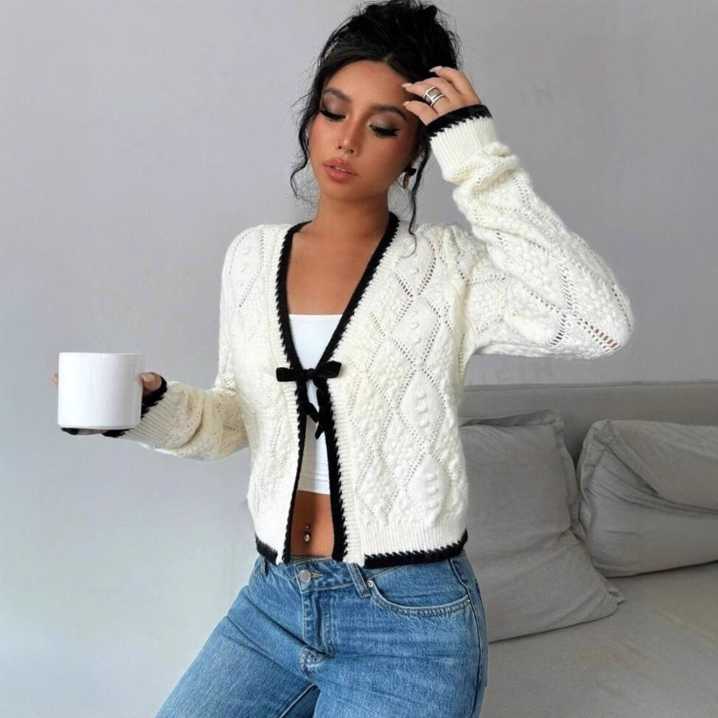 Women’s Cropped Cardigan – Knitted Fabric – Bow Tie Front – Contrast Trim – Casual Fit
