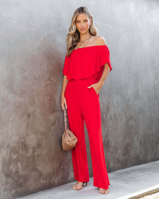 Women's Off-Shoulder Jumpsuit - Chic Layered Design