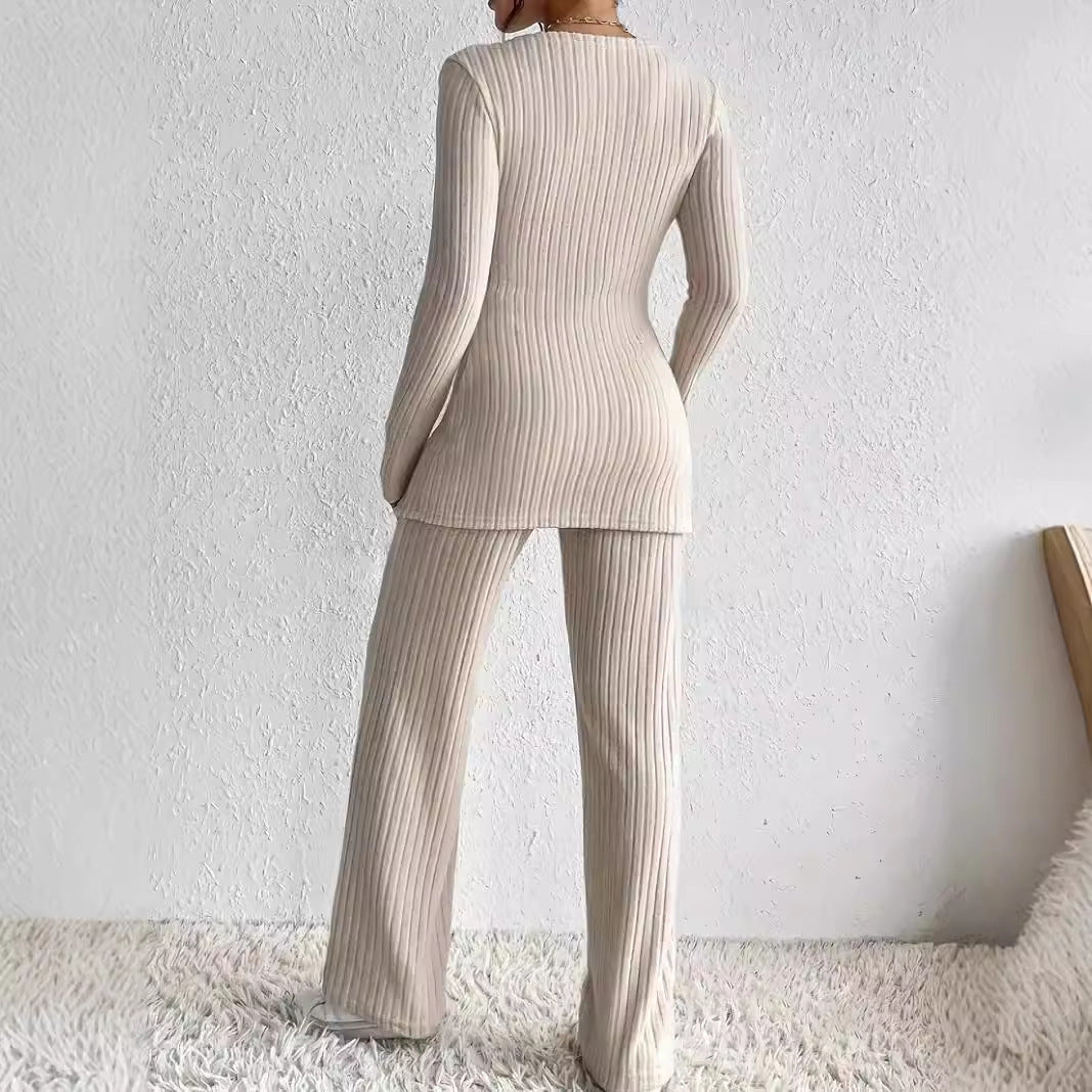 Women’s Knit Lounge Set – Wrap Long Sleeve Top – Straight-Leg Elastic Waist Pants