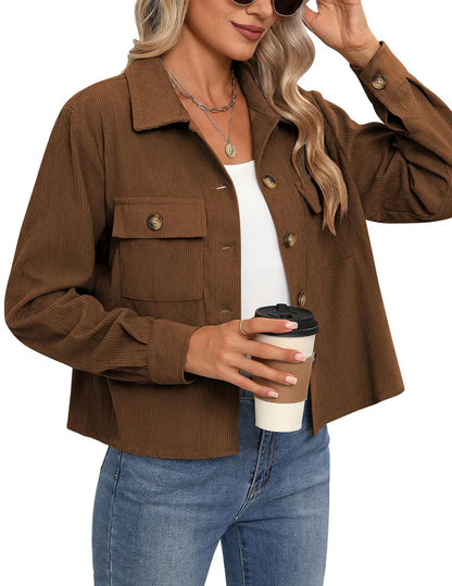 Women’s Utility Jacket – Relaxed Fit – Ribbed Texture – Button Front – Chest Pockets