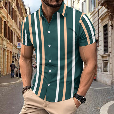 Men’s Short Sleeve Shirt – Slim Fit – Cotton – Vertical Stripe – Button Up Casual