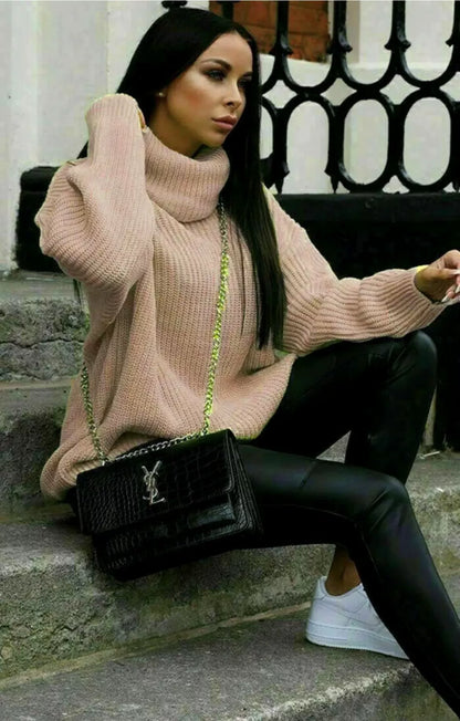 Women’s Knitted Sweater – Oversized Fit – Turtleneck – Ribbed Sleeve Casual Pullover