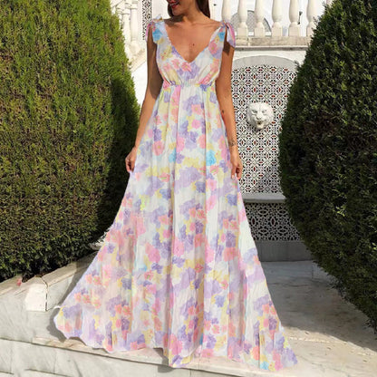 Women’s Maxi Dress – Floral Print – Scoop Neck – Sleeveless – Open Back – Flowy Fit